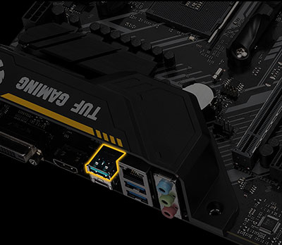 Closeup Overhead Shot of the ASUS TUF B450M-PLUS GAMING Motherboard's Rear I/O
